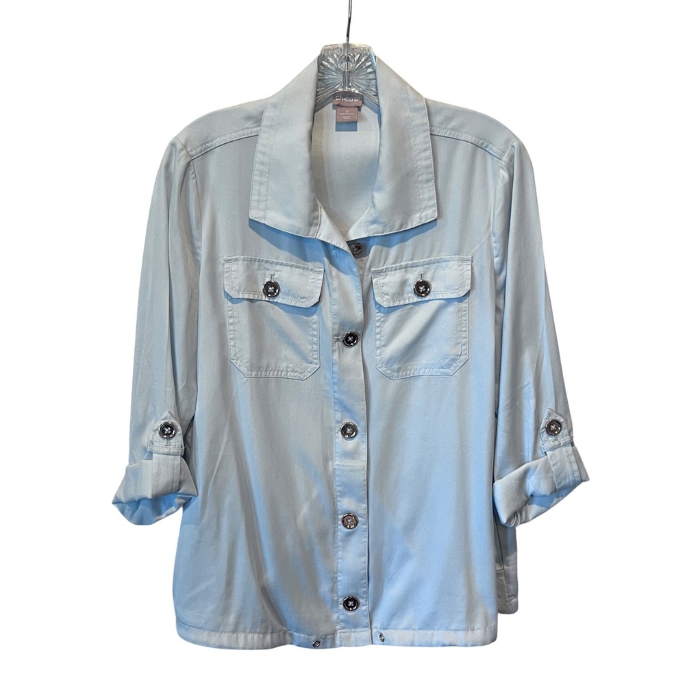 Chicos Light Blue Lyocell Utility Jacket Roll Tab Sleeve Size Small